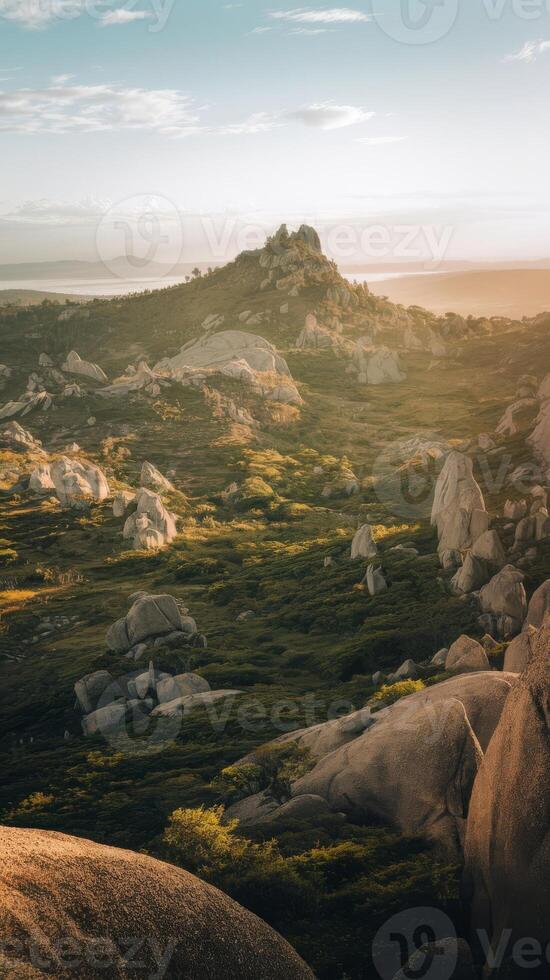 A view of the ocean and mountains from a hill photo