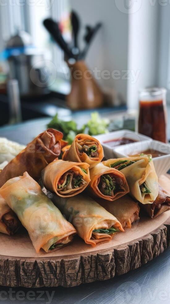 A plate of spring rolls with sauce and vegetables photo