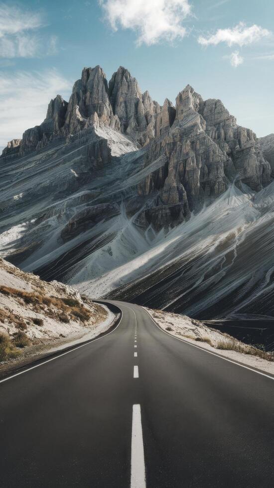 Asphalt road with towering mountn peaks suitable for car advertising background photo