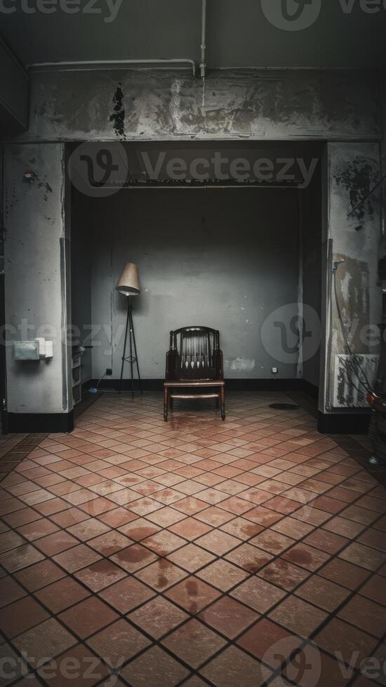 An empty room with a chair and a lamp photo