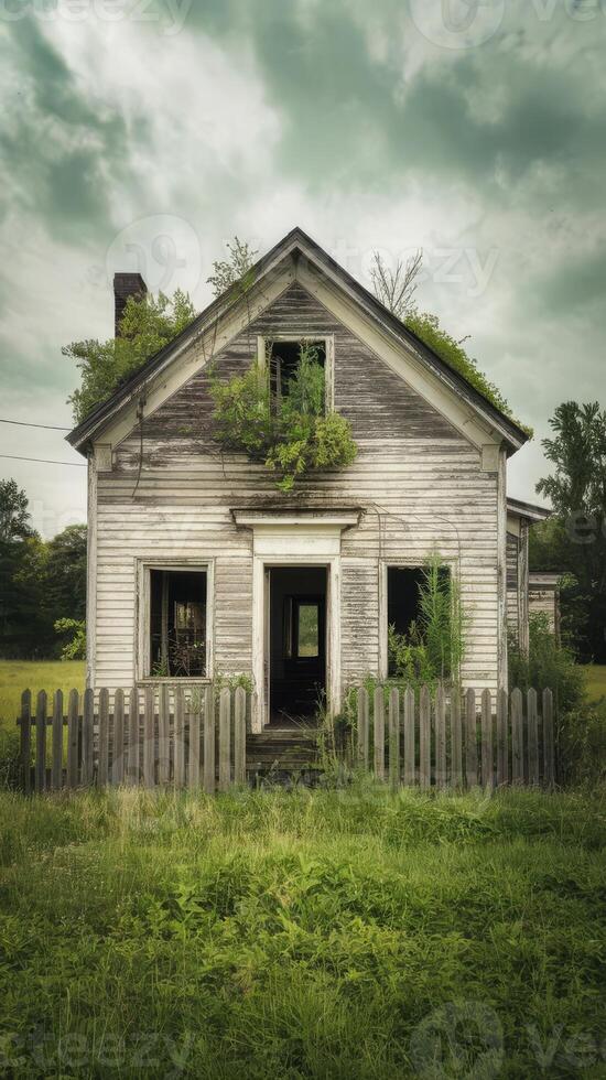 An old abandoned house with a green roof photo
