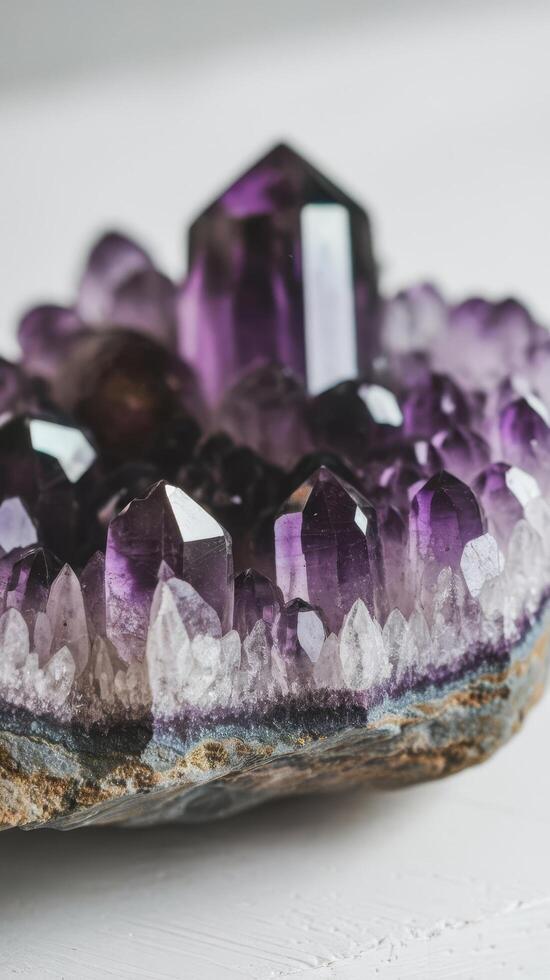 Macro mineral stone purple amethyst in crystals on a white background photo