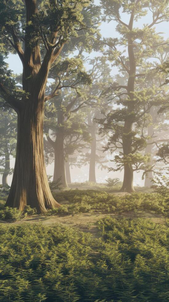 Amazing forest panorama of trees on a sunny summer day centuriesold thick tree trunks morning fog 3d illustration photo