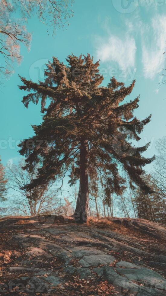 A lone tree on a hill in the woods photo