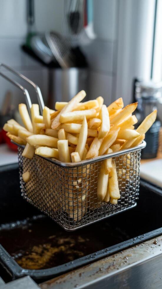 Homemade french fries in a frying basket photo