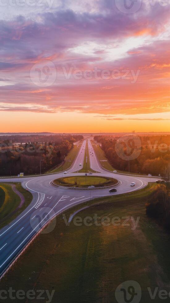 An aerial view of a highway at sunset photo