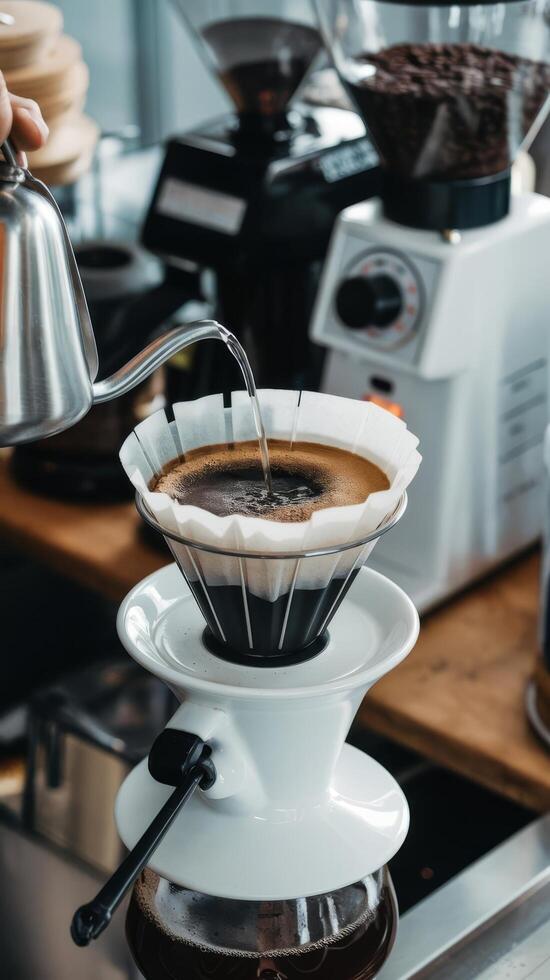 Drip coffee barista pouring water on coffee ground with filter photo