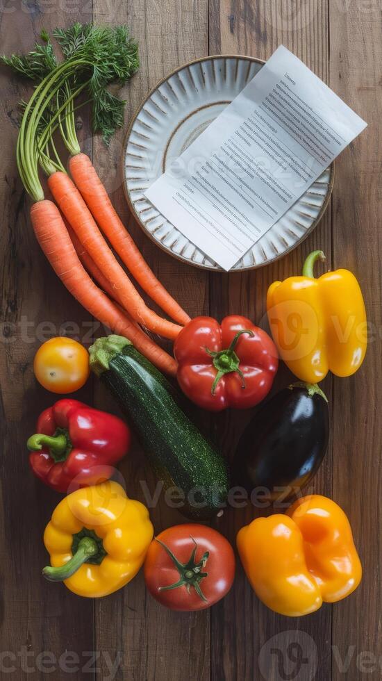 Vegetables and a paper with a recipe on it photo