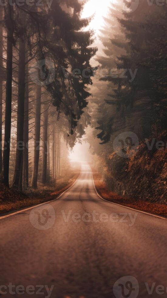 A road in the middle of a forest with trees photo