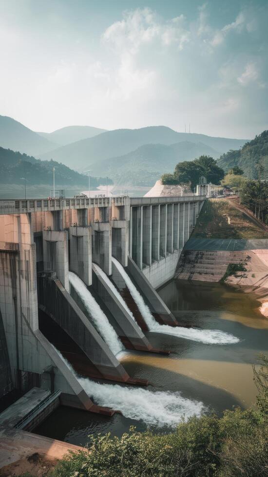Khun dan prakan chon dam is made of large concrete it is releasing water from the dam to reduce the amount of water from rn in nakhon nayok thland photo