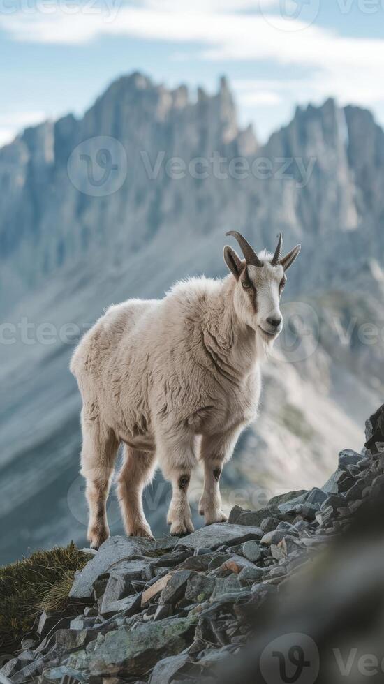 A goat standing on a rocky mountain with mountains in the background photo
