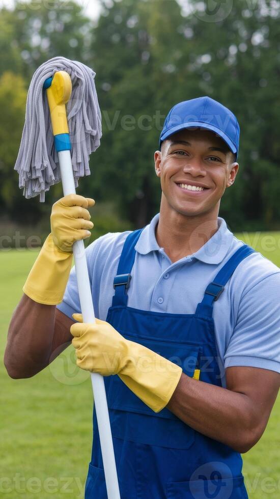 A man in overalls holding a mop and cleaning a lawn photo