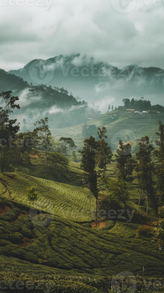 Tea plantation in the morning mist photo