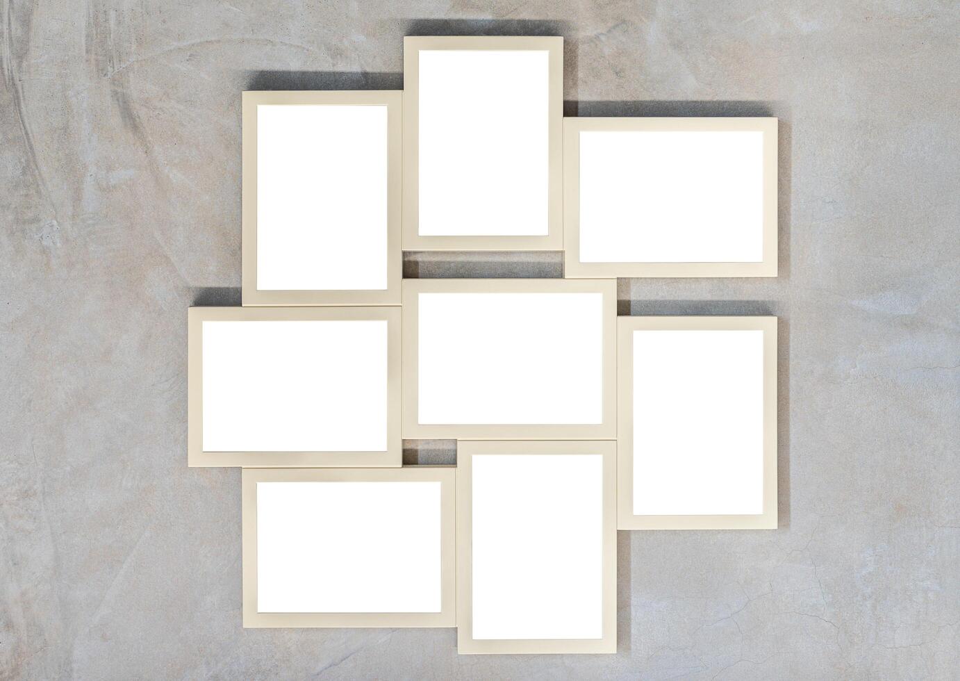 Eight mockup white screen in brown picture frame on cement wall. clipping path for mockup photo