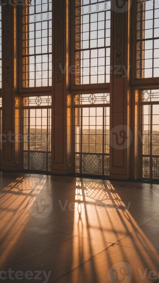 Sunlight shining through large windows in an empty building photo