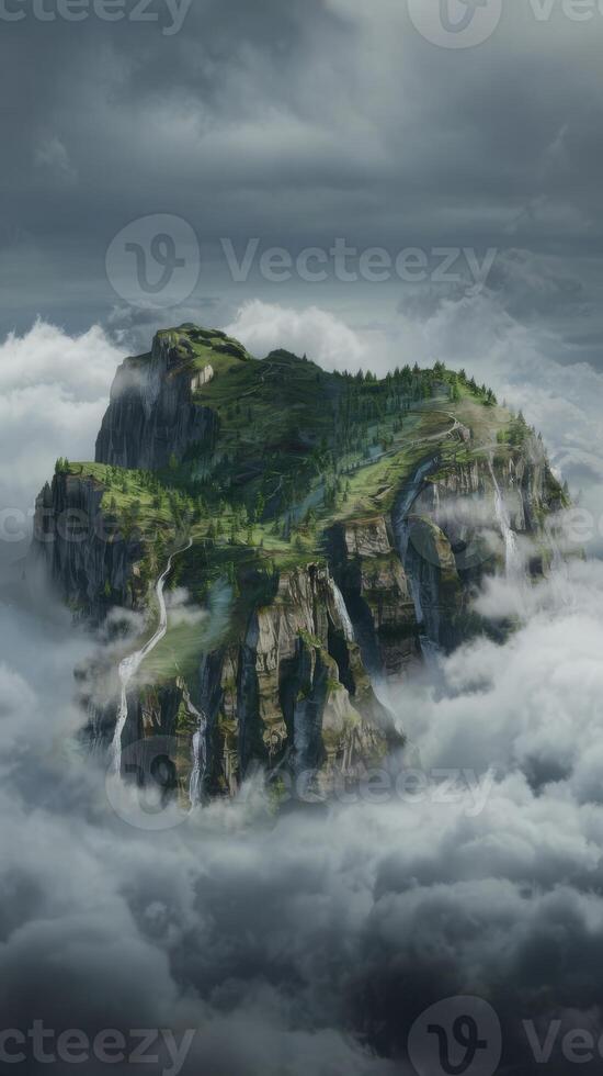 An island surrounded by clouds and trees photo
