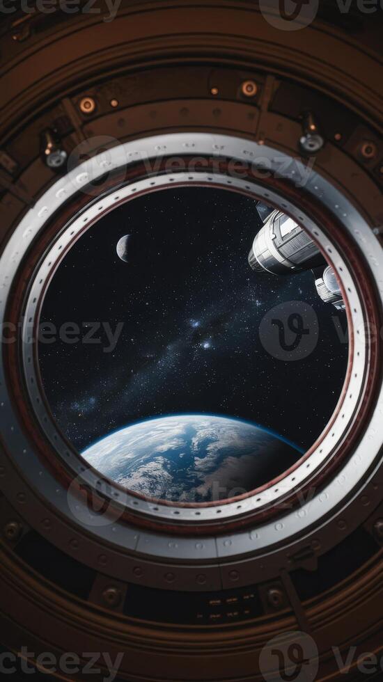Space station window view of earth and space station elements of this image furnished by nasa photo