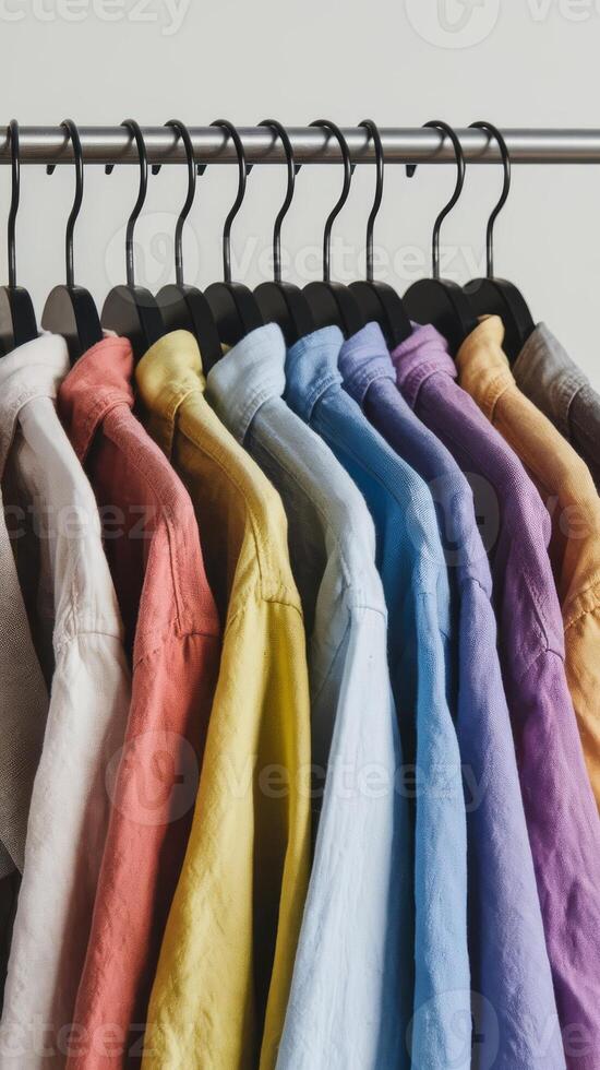 Colorful shirts hanging on a hanger photo