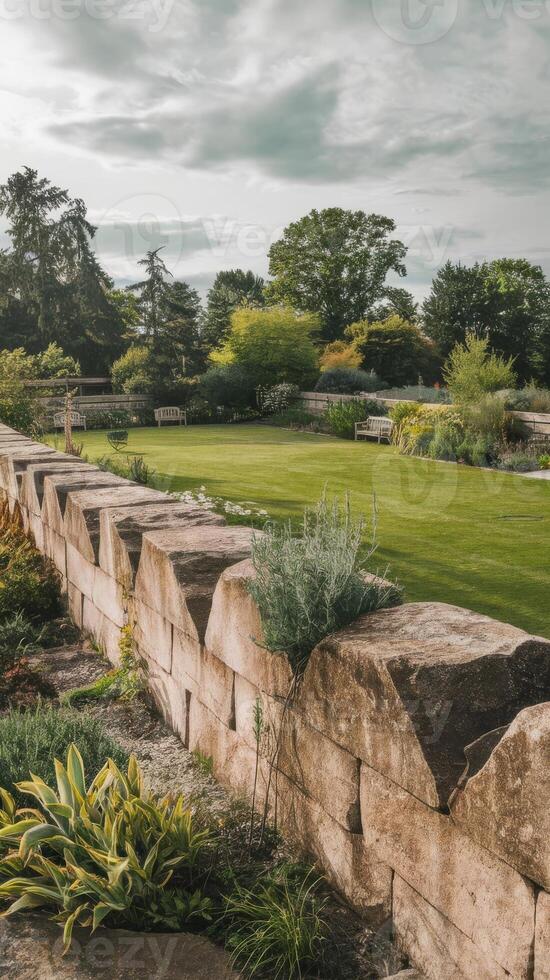 A stone wall in a garden with a lawn and trees photo