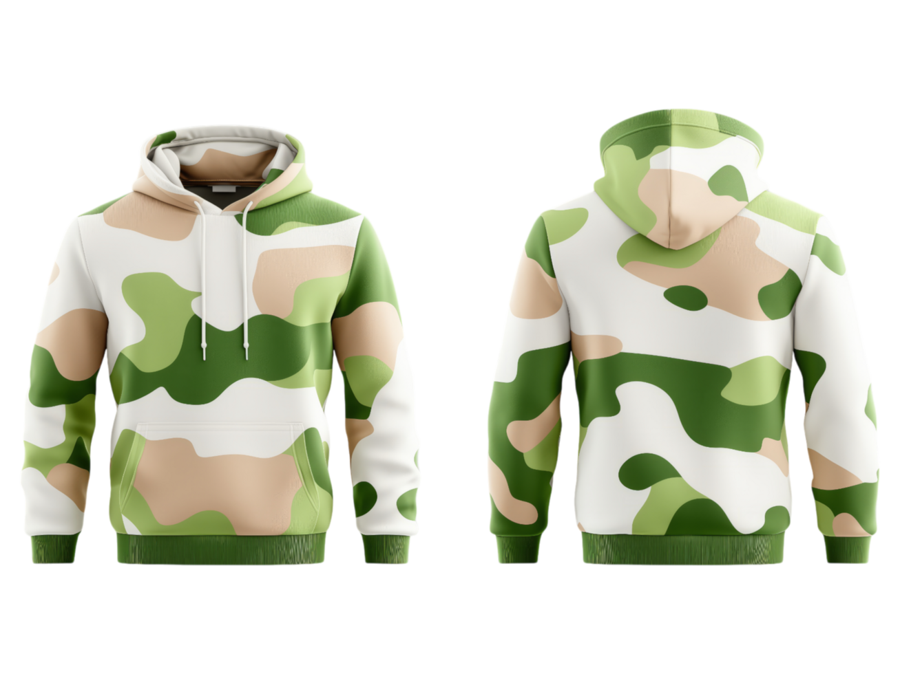 A camouflage patterned hoodie displayed from the front and back png