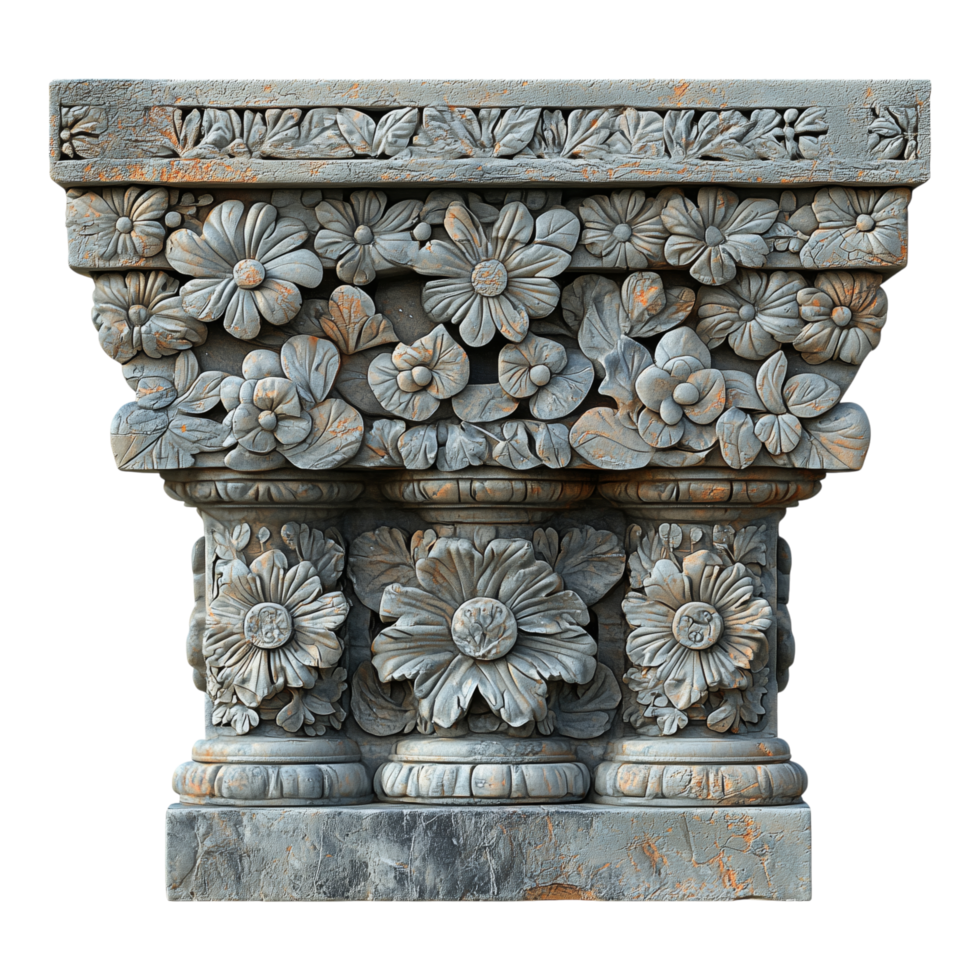 A carved stone architectural pillar with floral patterns and details png