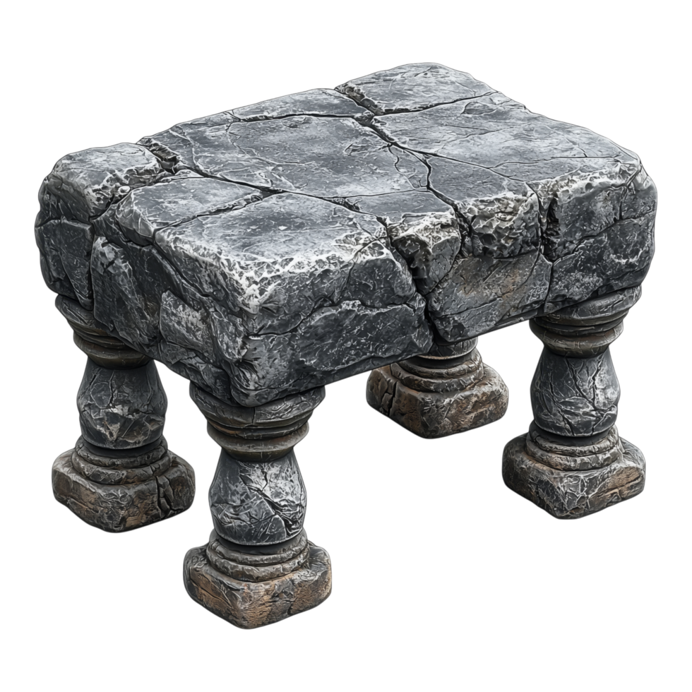 A stone block table resting on four decorative pillars png