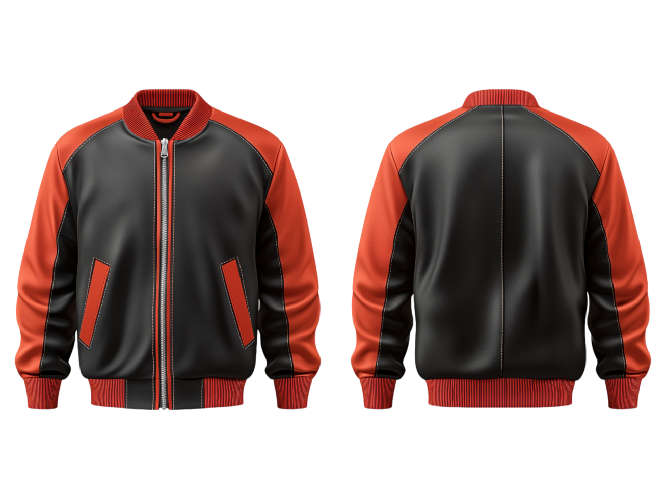 A front and rear view of a stylish jacket in red and black png
