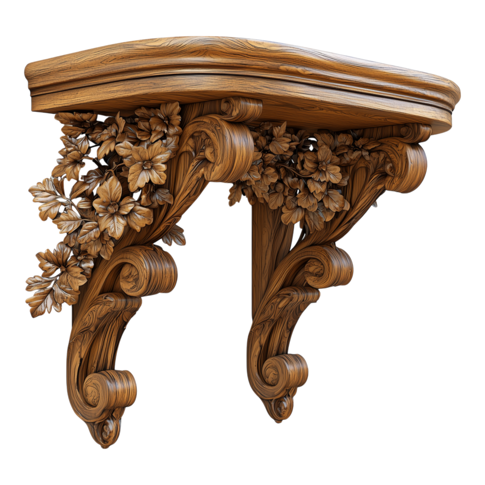 A Decorative Wooden Shelf Displaying Intricate Floral Carvings on Its Surface png