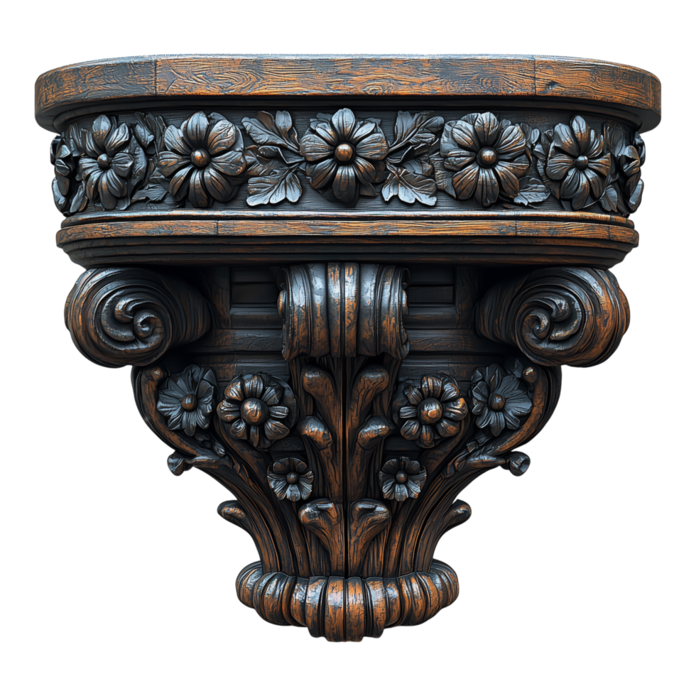 A detailed image of an ornate wooden bracket with floral carvings png
