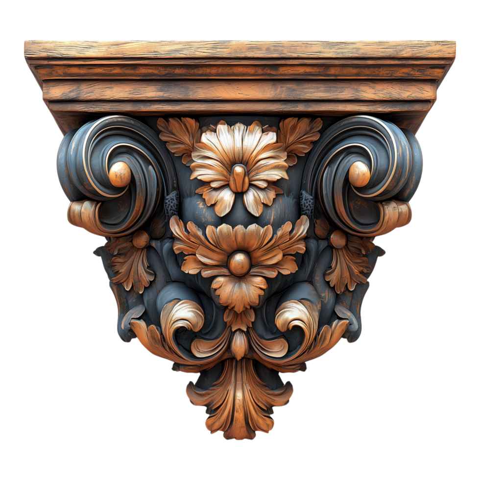 A decorative wooden architectural ornament with floral and scroll designs png
