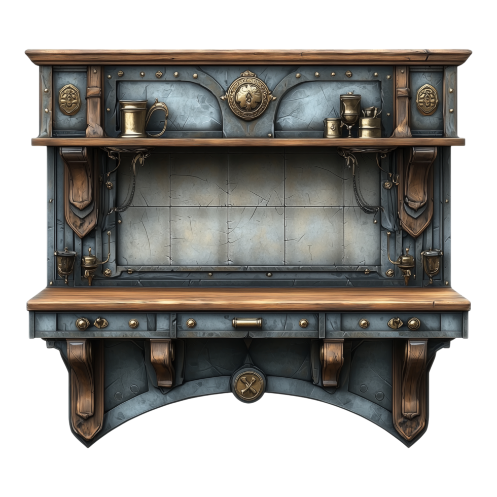 A detailed ornate shelf with decorative utensils and objects png