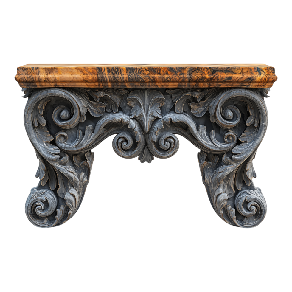 A detailed ornate carved stone console table with an interesting top png