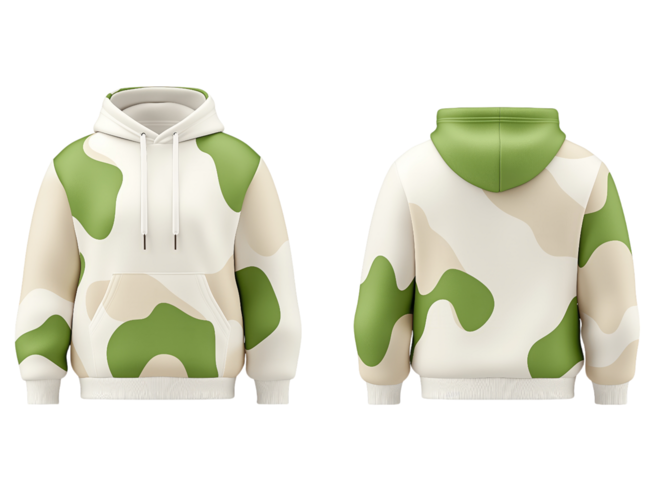 A camouflage patterned hoodie displayed from front and back views png