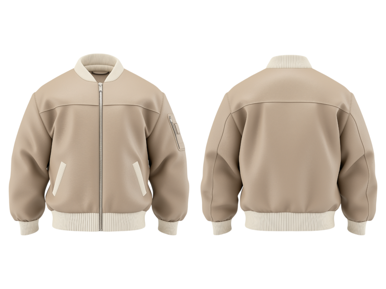 A Beige Bomber Jacket Depicted From Both Sides png