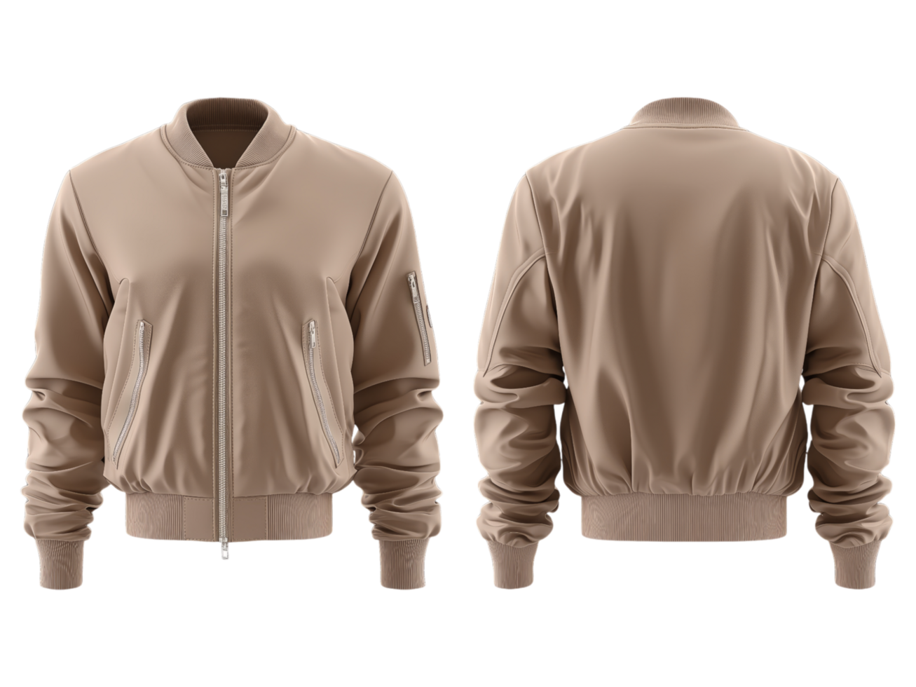 A tan colored bomber jacket shown from front and back png