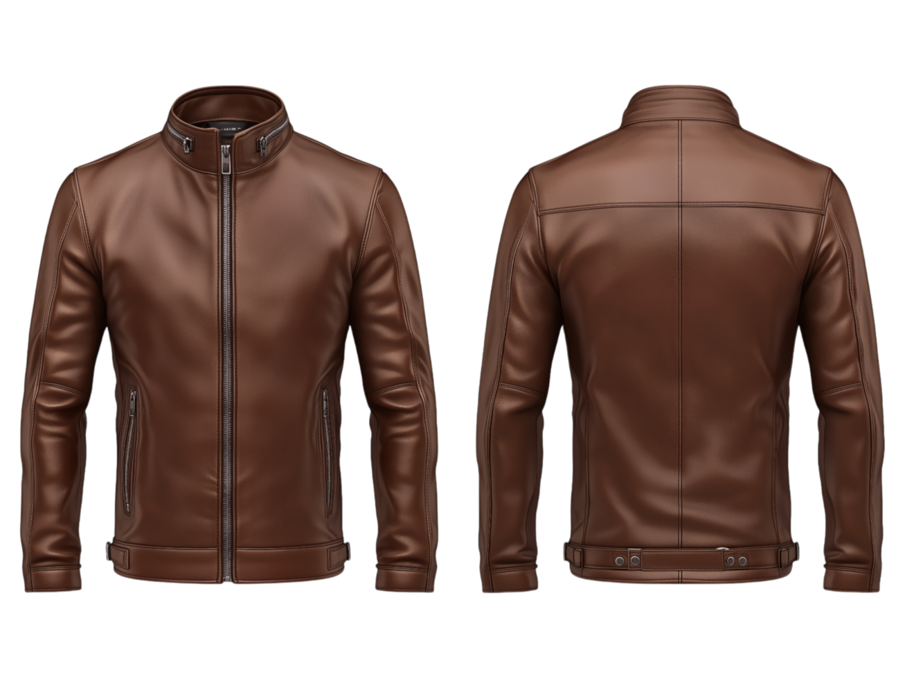 Classic brown leather jacket featuring front and back views png