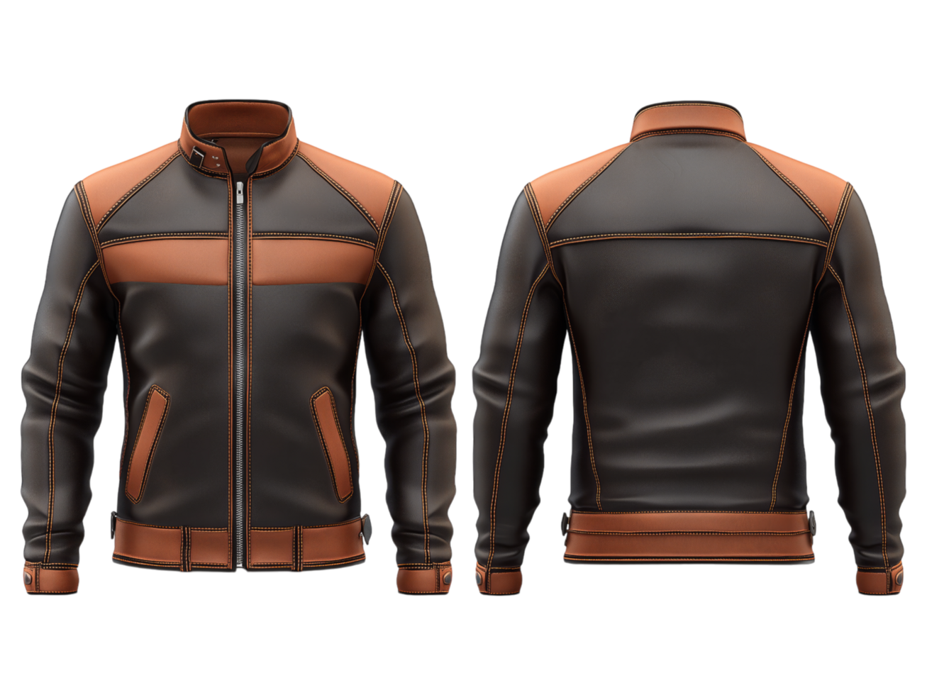 Front and rear view of a leather jacket with brown accents png