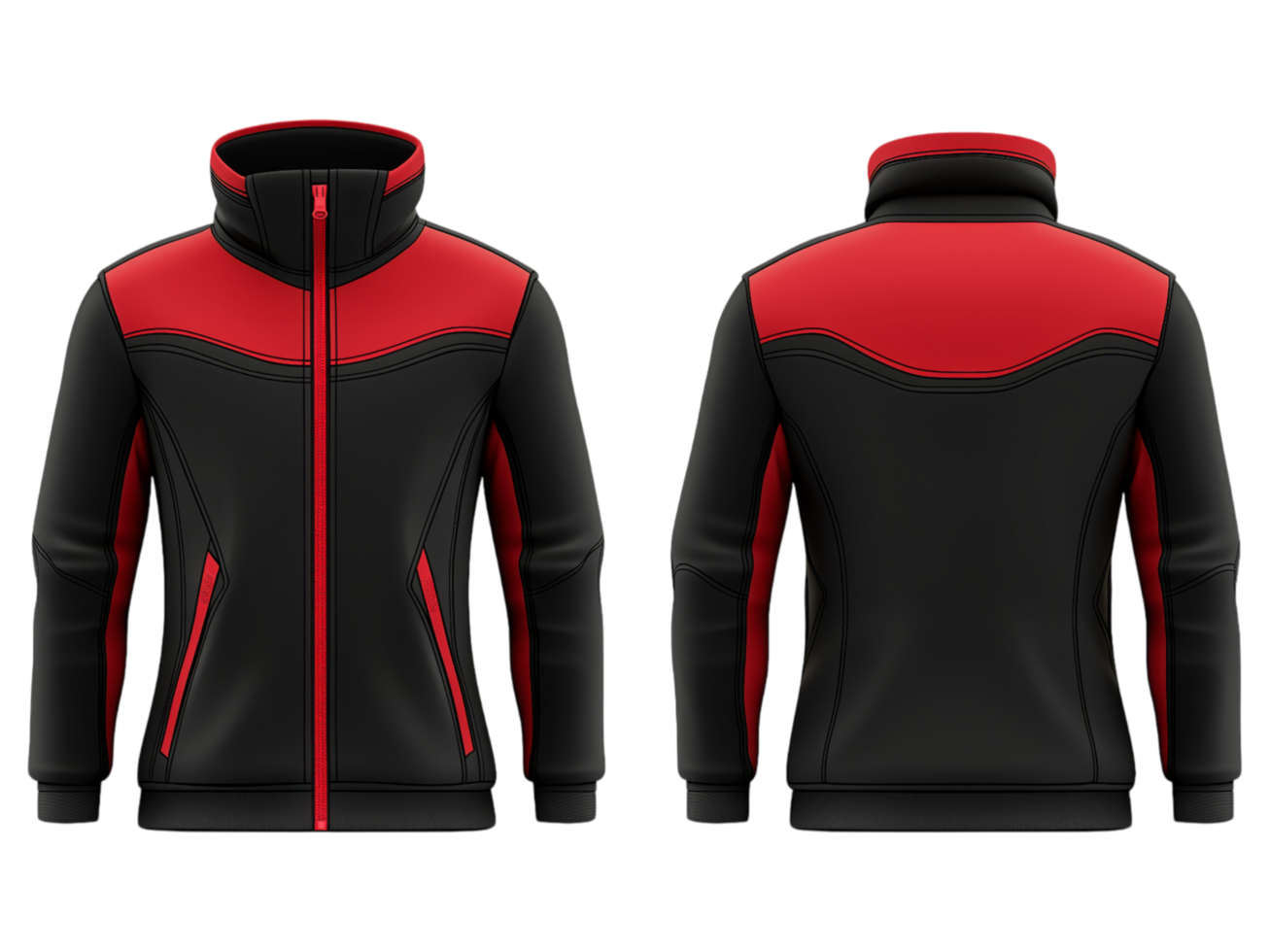 A black jacket with red accents and a zipper png