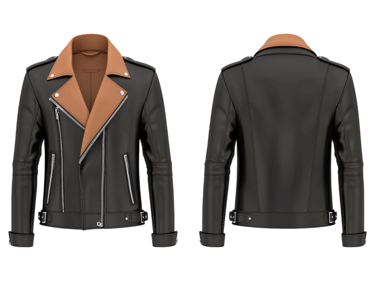 A black leather jacket with a brown collar and zippers png