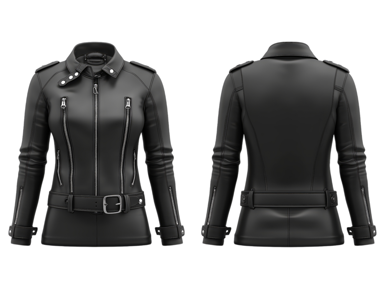 Stylish black leather jacket with front and back views png