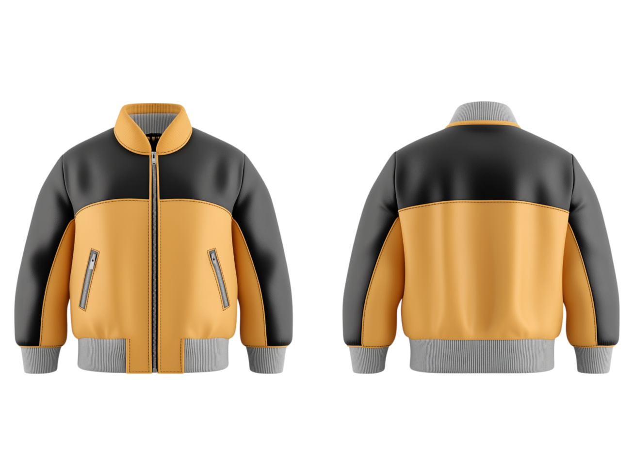 Two different sides of a bright yellow bomber jacket png