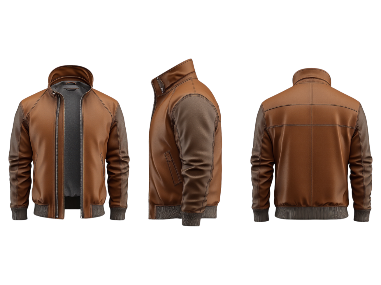 A brown leather jacket is shown in three different views png