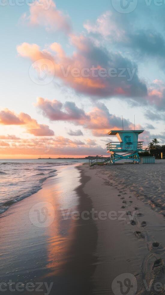 A lifeguard tower on the beach at sunset photo