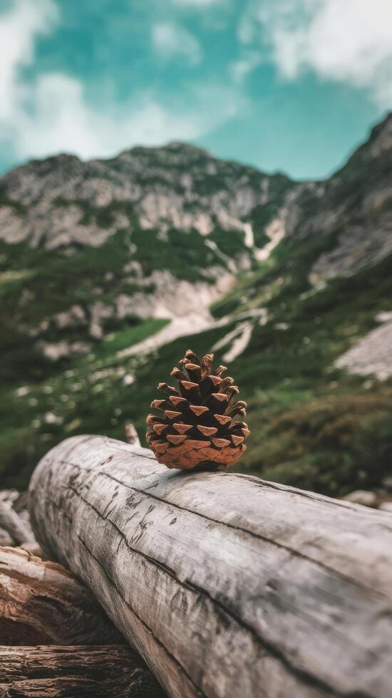 A lone pine cone lies on a log among the mountns photo
