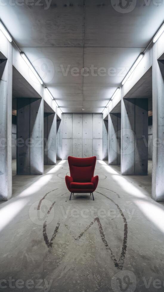 A red chair in a concrete room photo