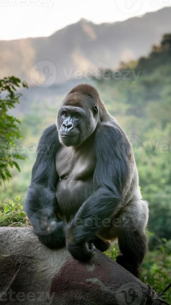 A gorilla sitting on a rock in the forest photo