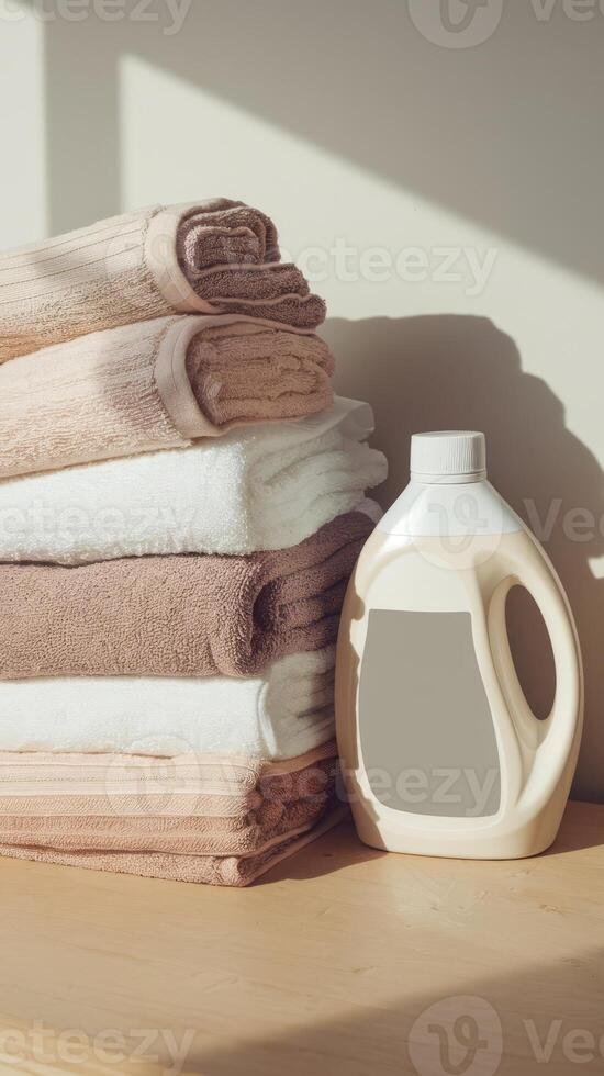 A stack of towels and a bottle of laundry detergent photo