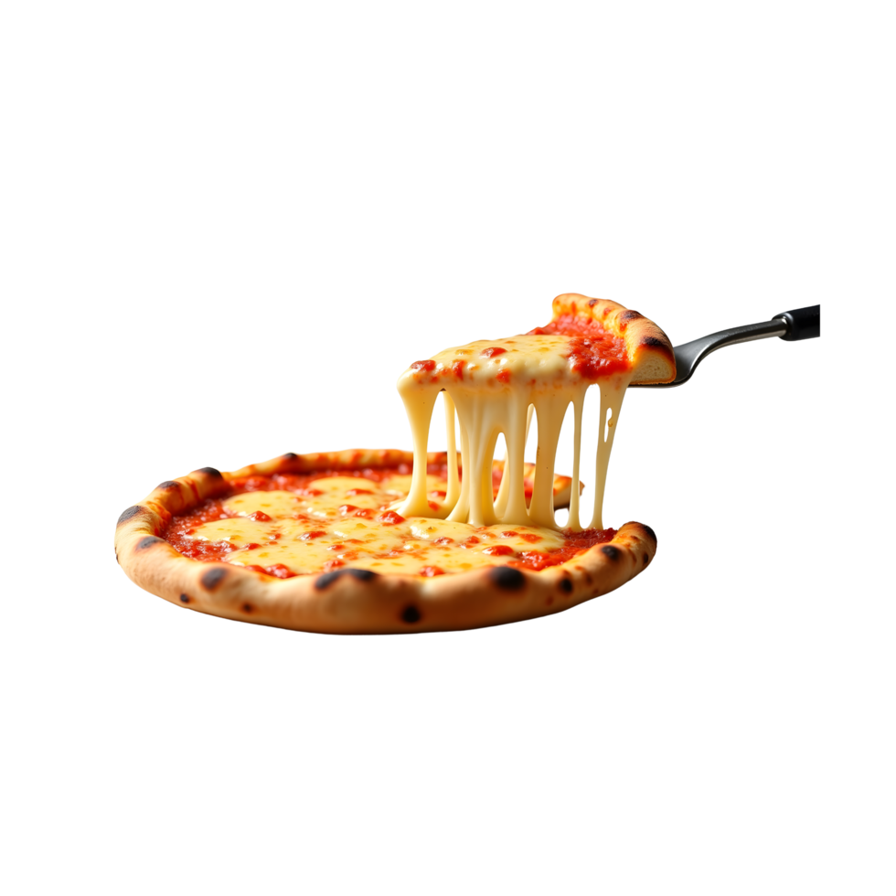 Delicious Cheesy Margherita Pizza Slice with Melted Cheese Stretching on a Transparent Background png