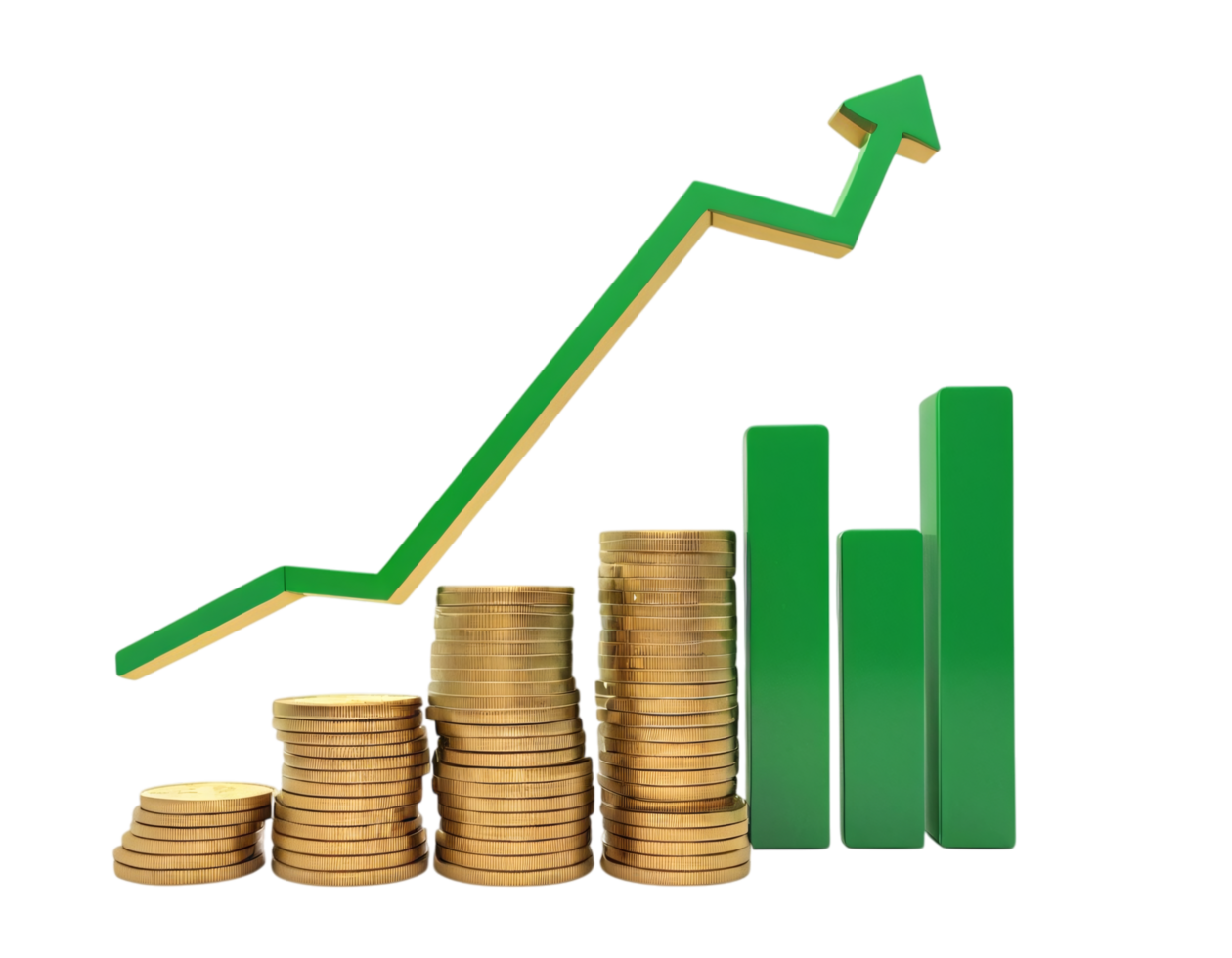 A graph with a green arrow going up and a stack of coins png