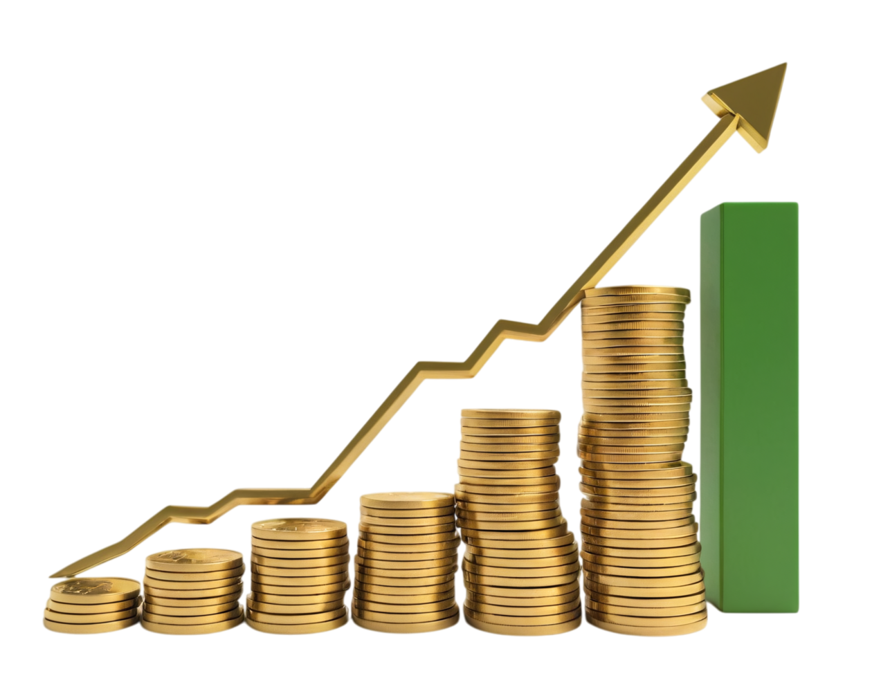 A graph with a green arrow and stacks of coins png